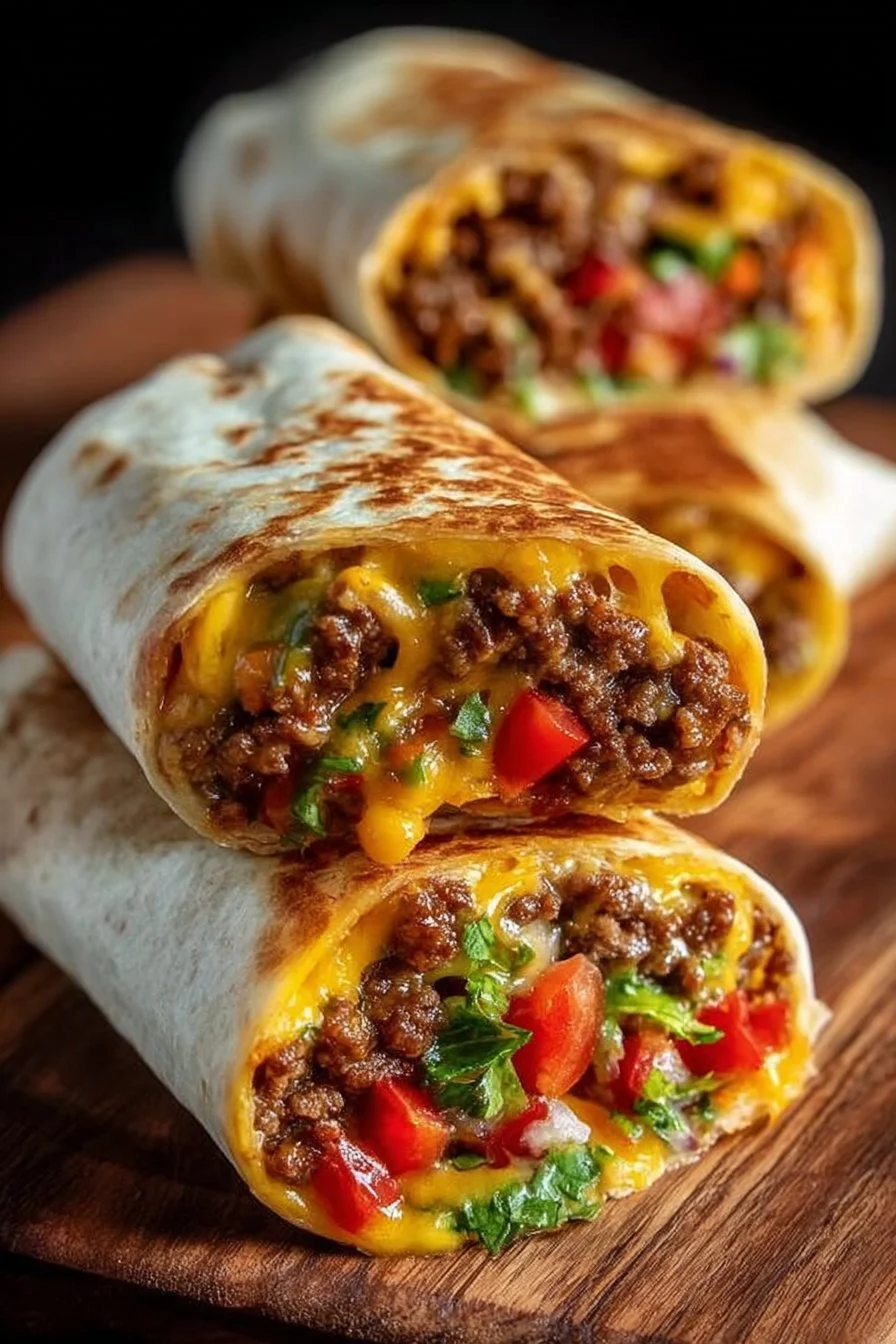 Juicy cheeseburger burritos served at a potluck party