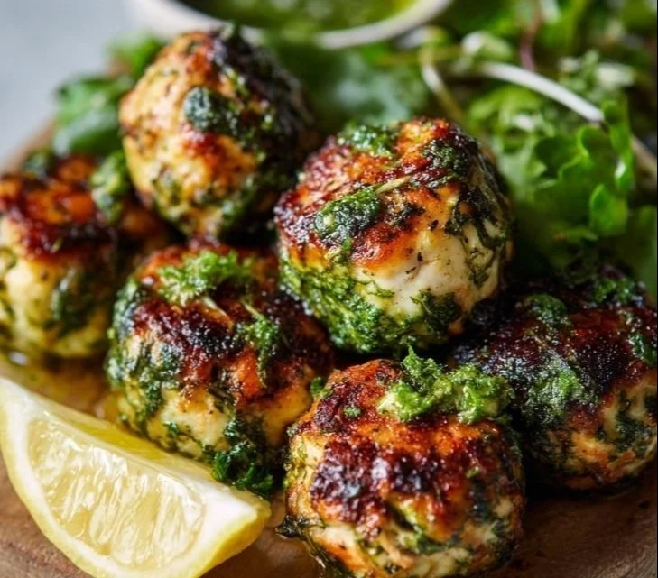 Juicy chicken pesto meatballs served at a potluck party
