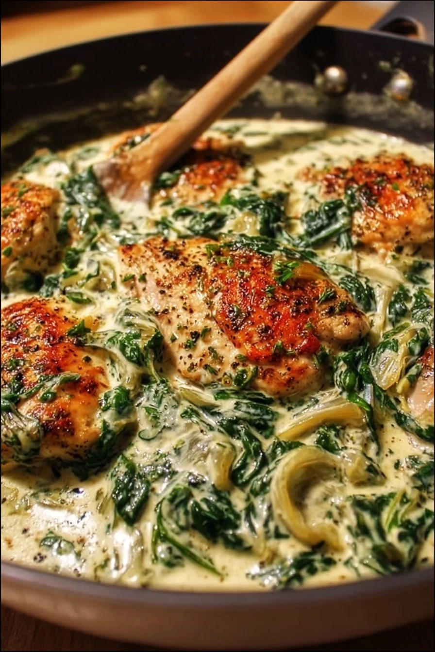 One pan creamy spinach artichoke chicken served with fresh herbs