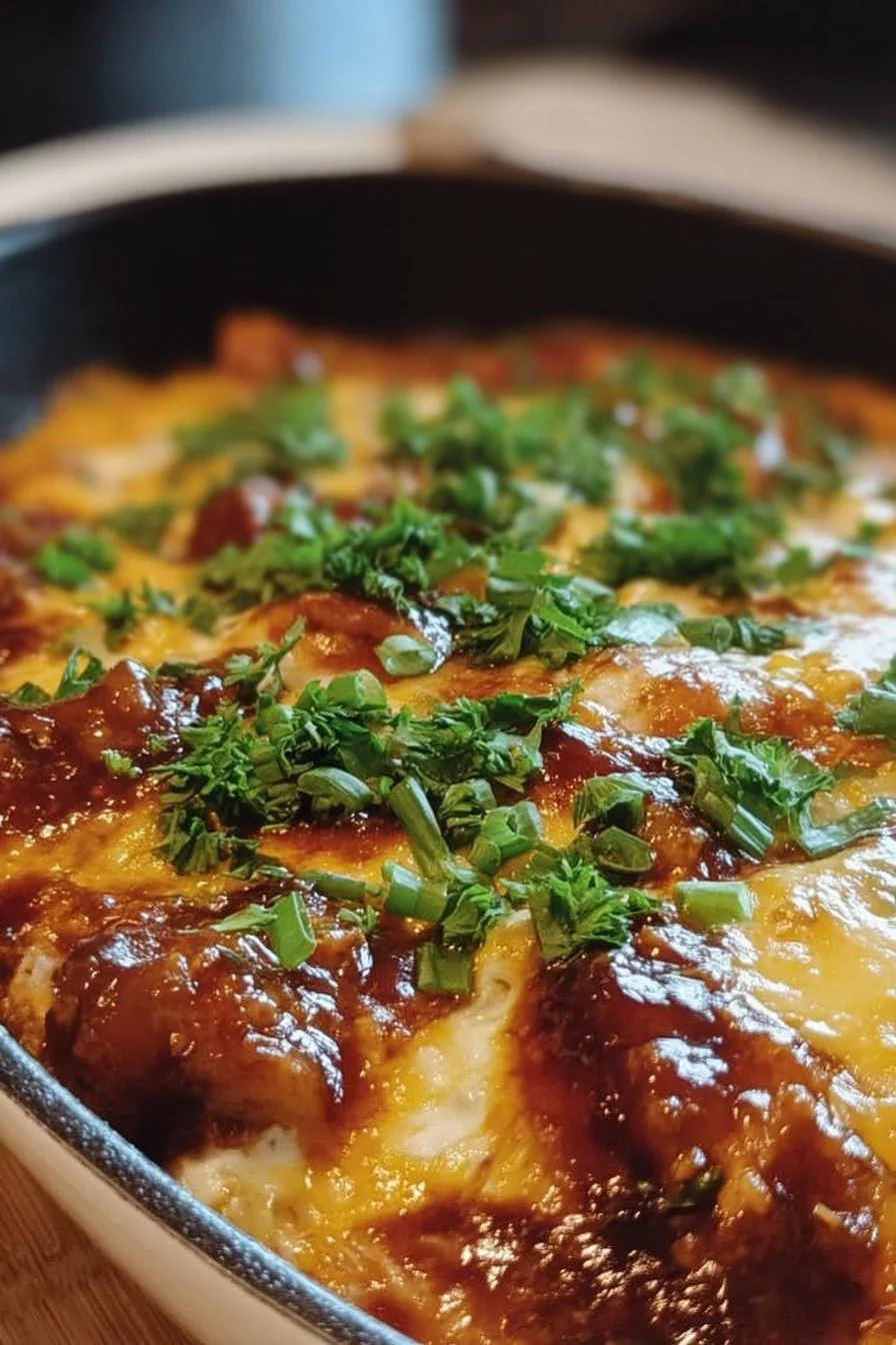Delicious Keto BBQ Chicken Casserole topped with melted cheese and herbs