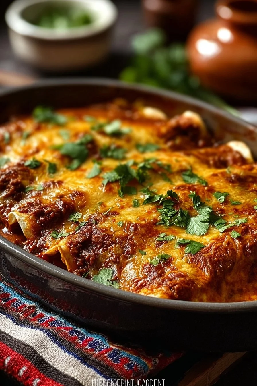 Delicious keto beef enchiladas topped with cheese and garnished with fresh herbs