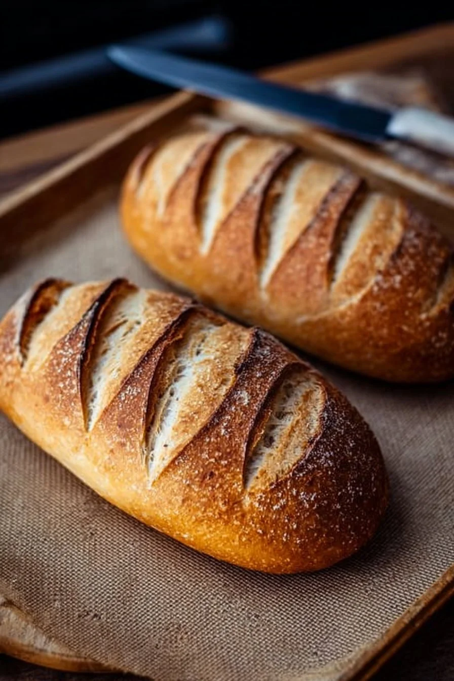 Baking sourdough French bread with a golden crust and airy texture.