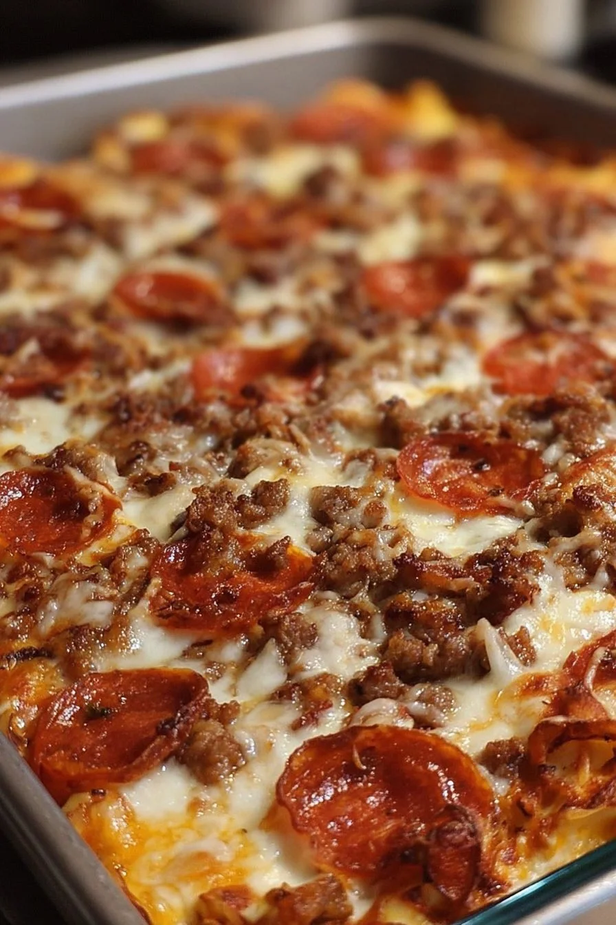 Delicious Meat Lovers Pizza Casserole with layers of meat and cheese
