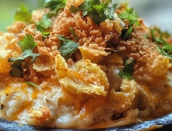 Mexican White Trash Casserole topped with cheese and colorful ingredients