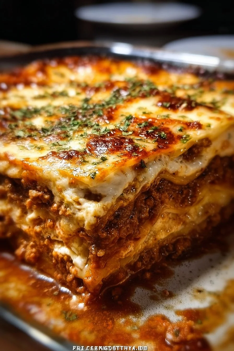 Delicious serving of Million Dollar Lasagna with layers of cheese and sauce.