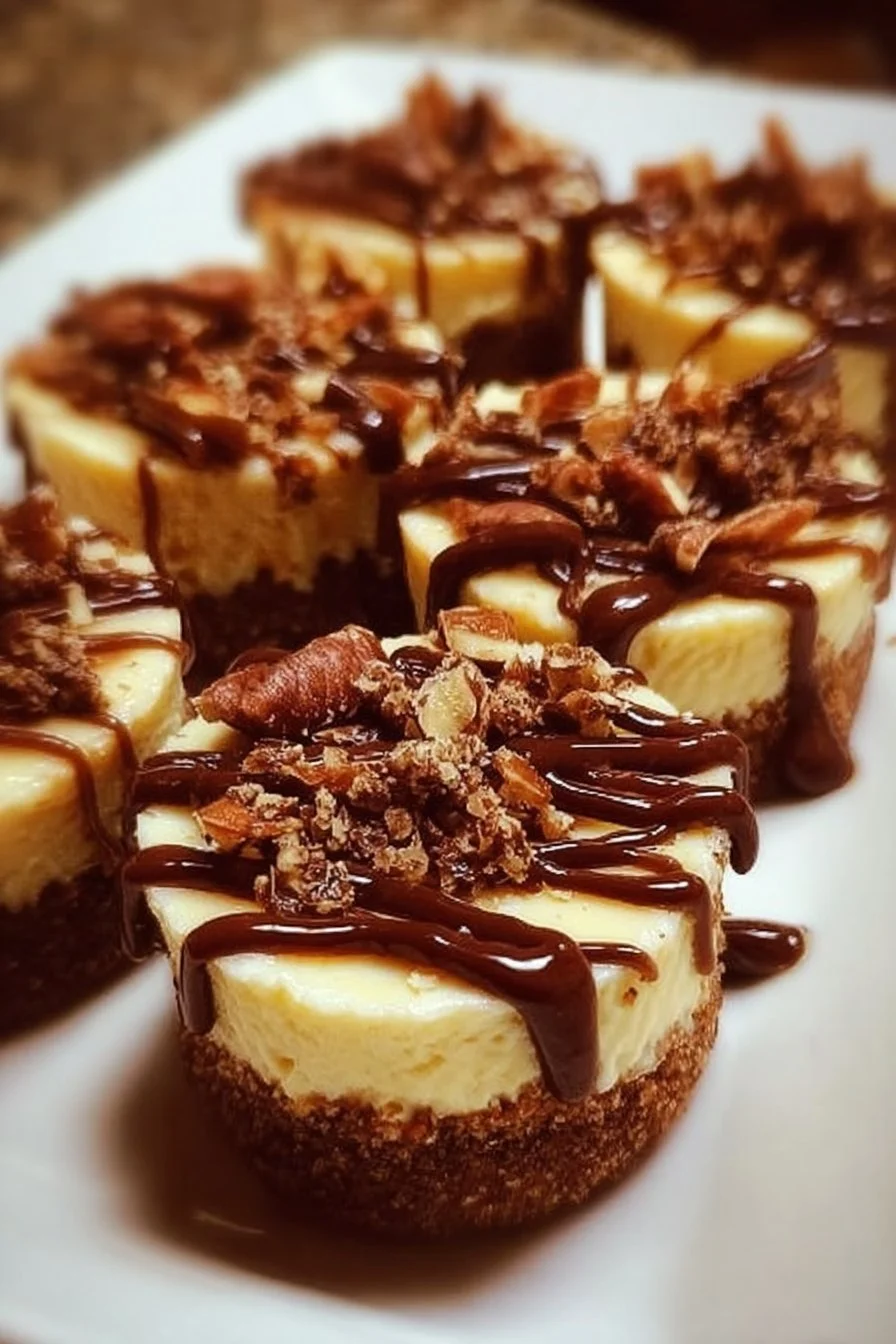 Mini turtle cheesecakes topped with chocolate and caramel drizzles