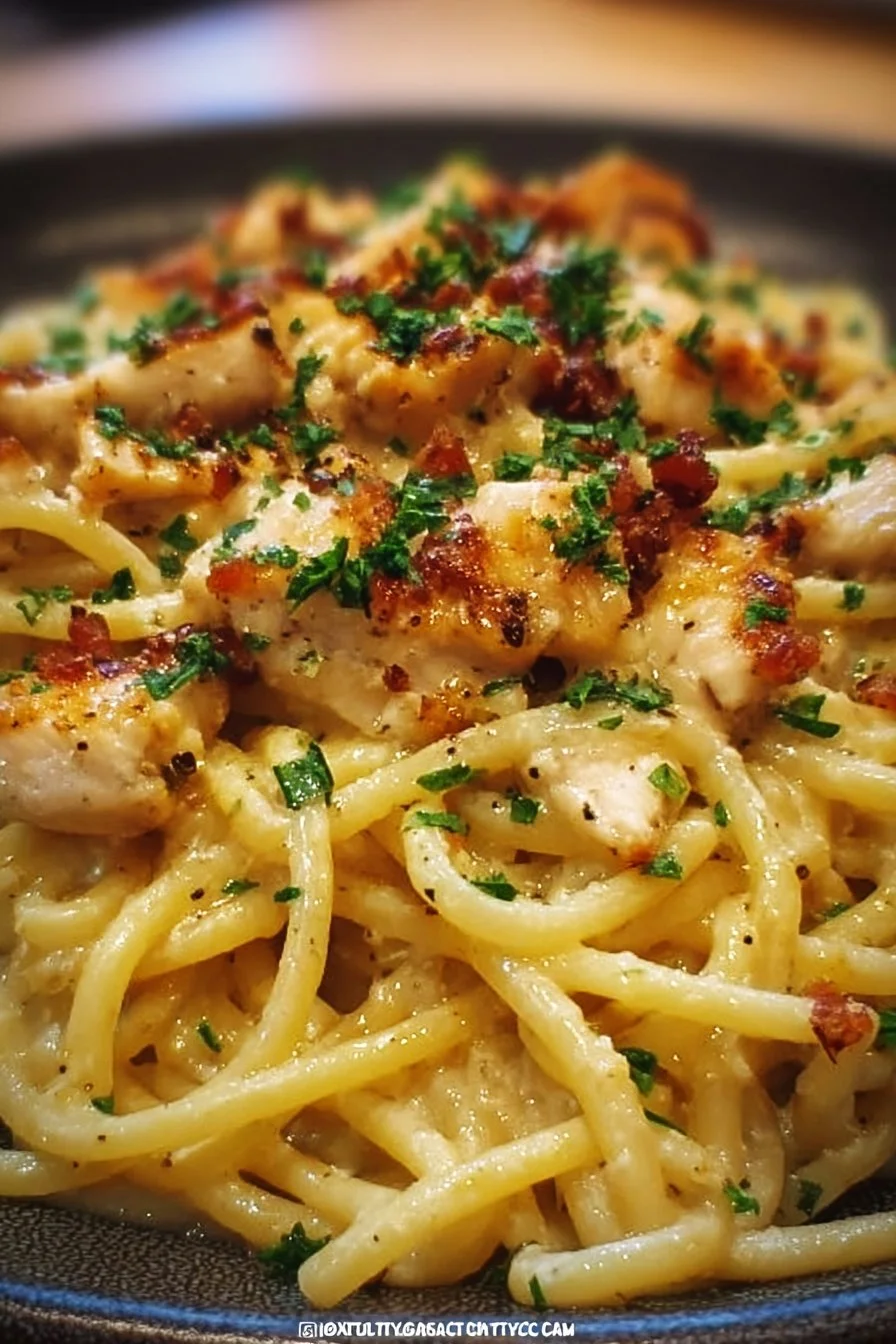 Monterey Chicken Spaghetti plated with vibrant vegetables and herbs