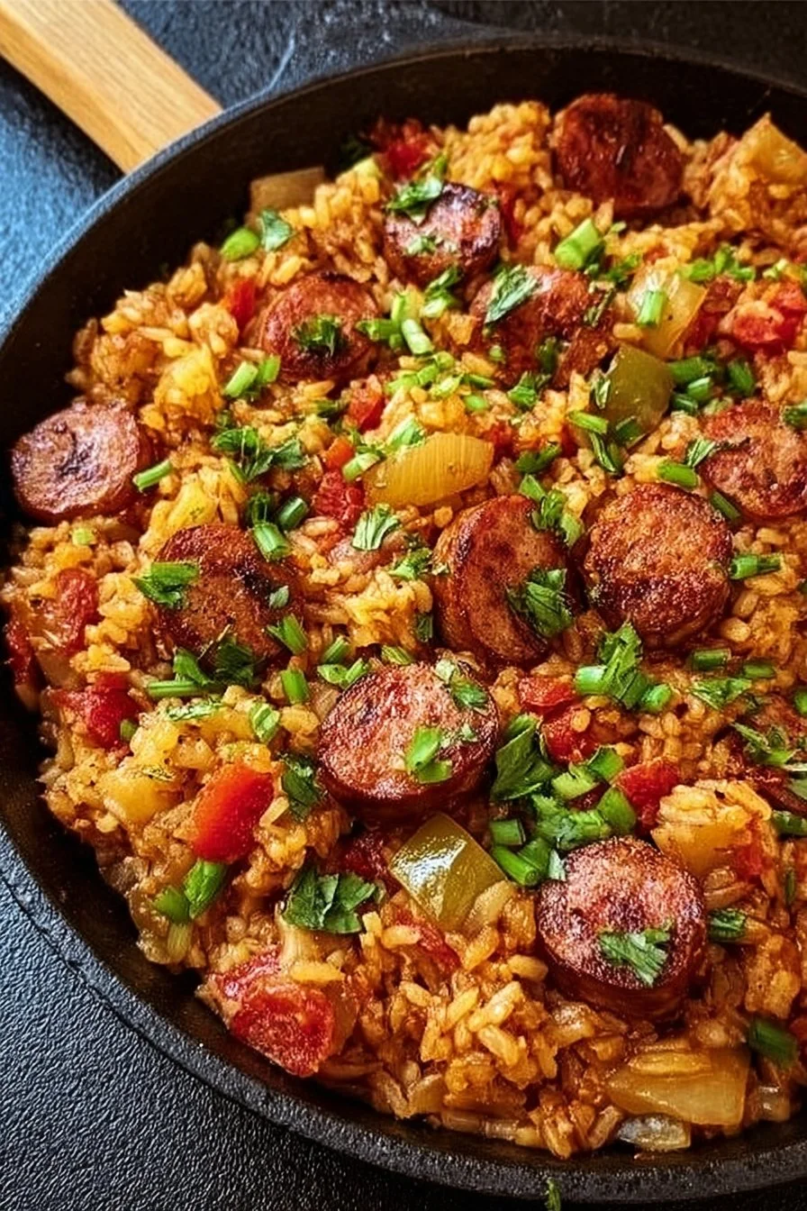 One-Pan Cajun Sausage and Rice Skillet dish served with vibrant vegetables.