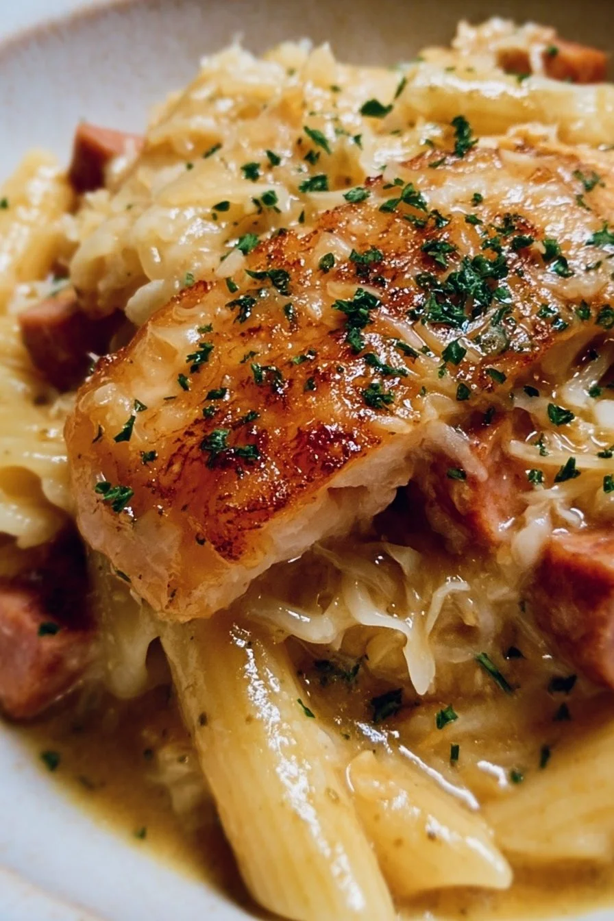 Delicious one pot smoked sausage pasta garnished with fresh herbs