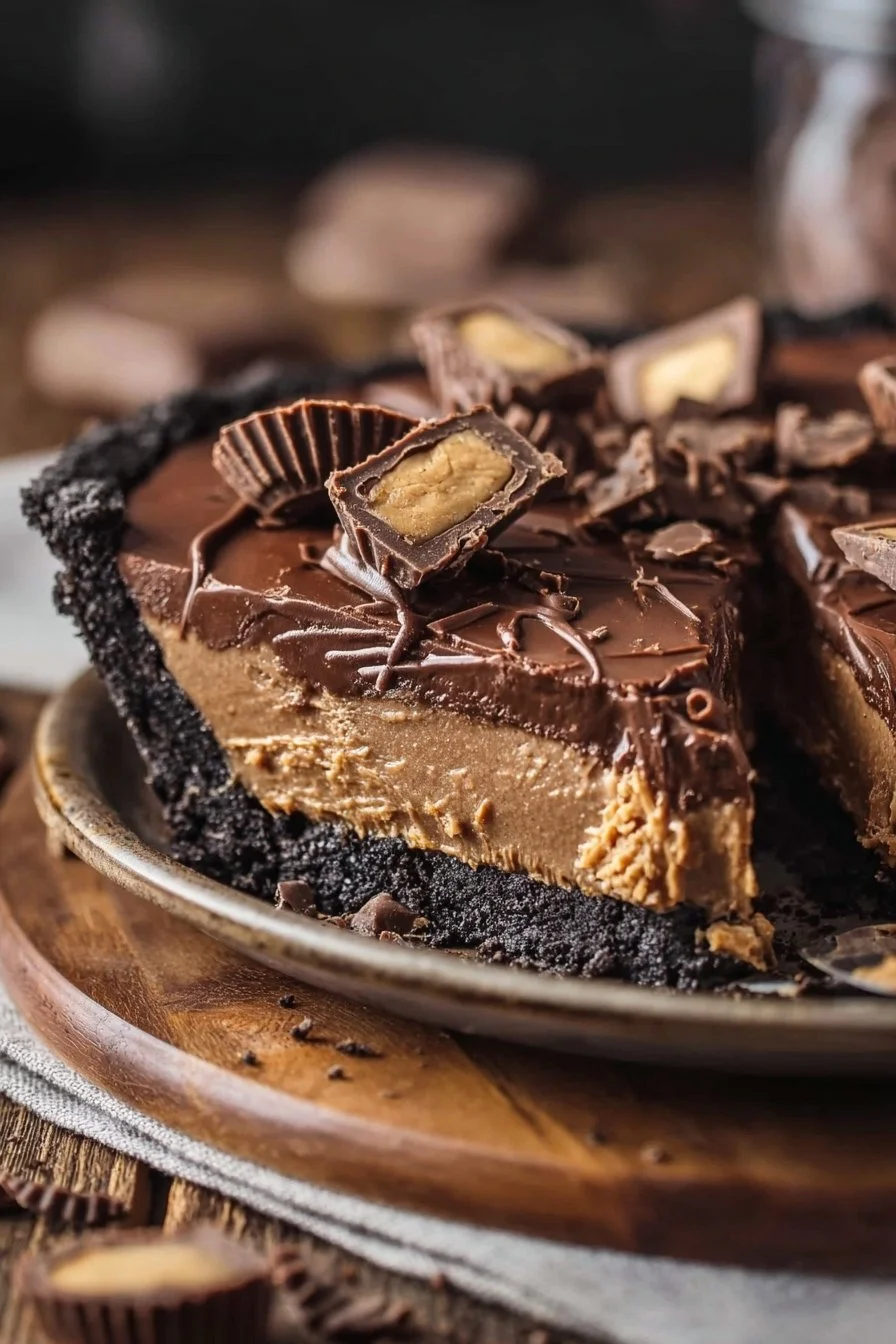 Peanut Butter Cup Chocolate Pie topped with chocolate and peanut butter