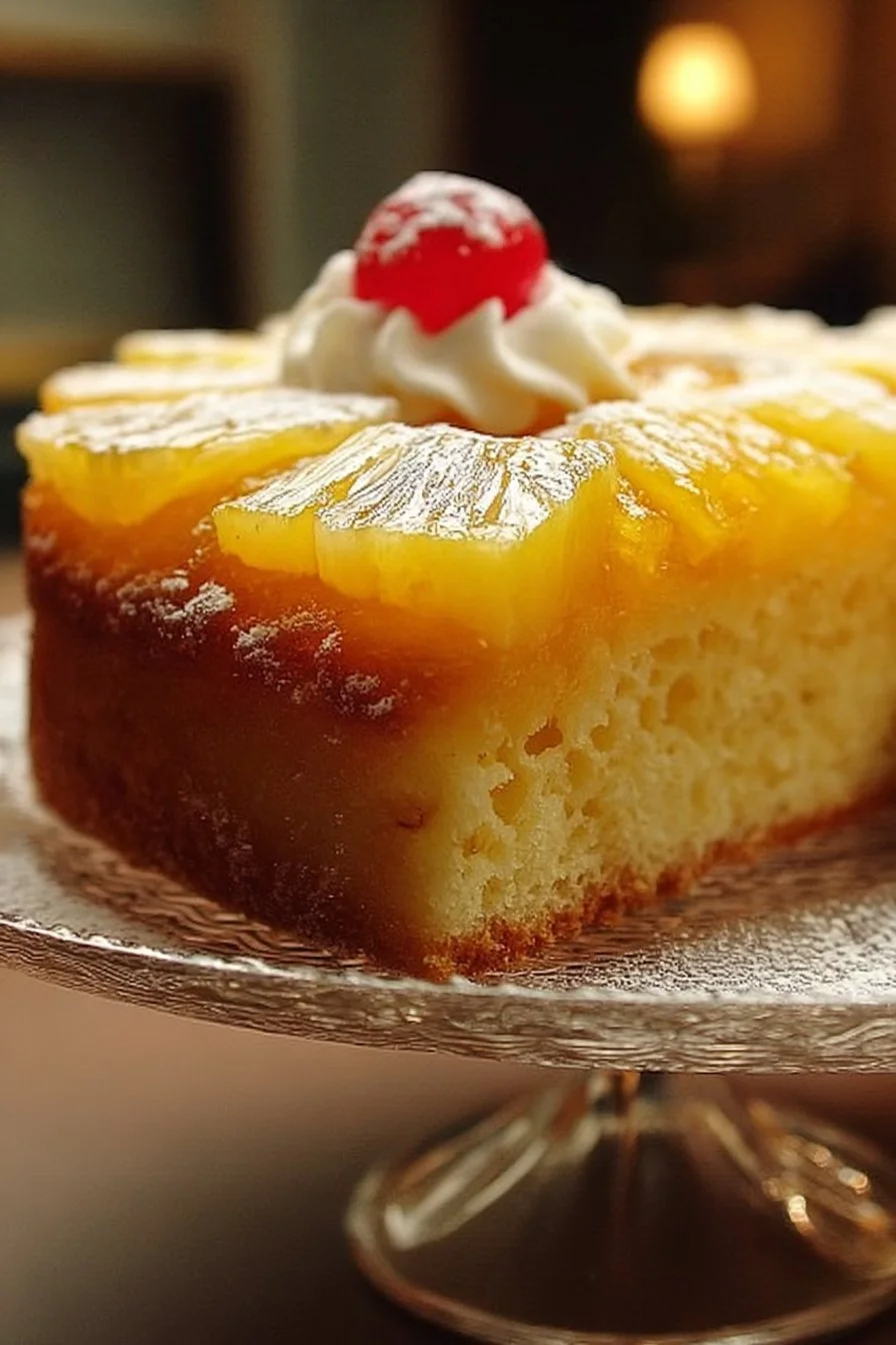 Delicious slice of homemade Pineapple Juice Cake topped with cream