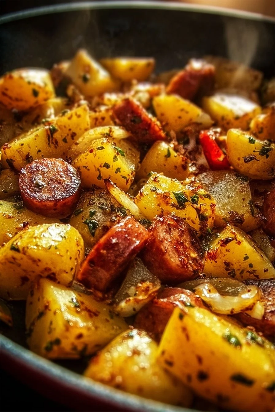Potatoes and sausage skillet dish served in a cast-iron pan