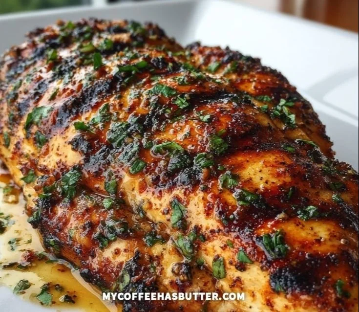 Quick grilled chicken breast on a plate garnished with herbs.