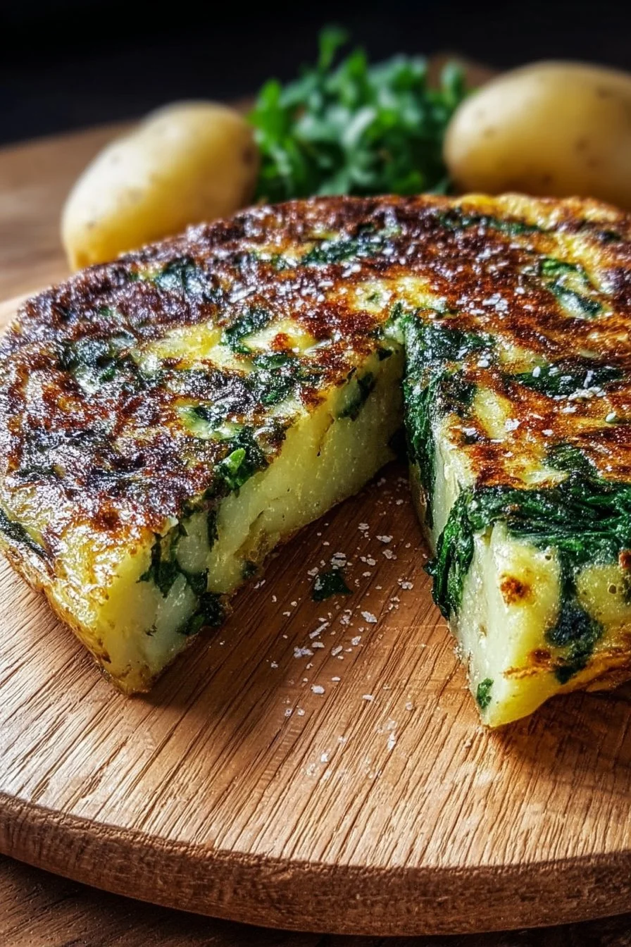 Deliciously prepared Potato Spinach Frittata topped with fresh spinach and golden potatoes.