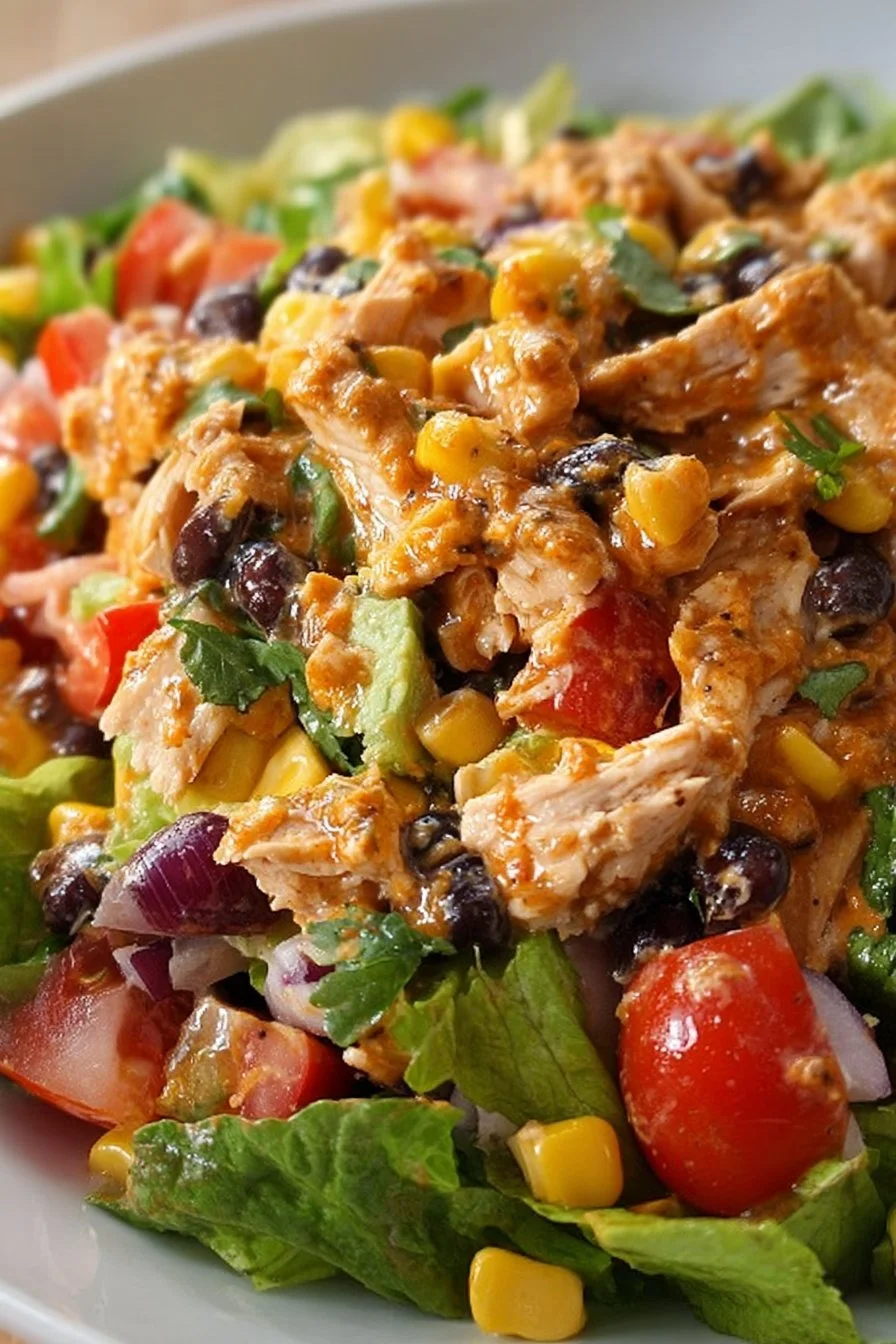 Quick Southwest Chicken Salad with grilled chicken, black beans, and fresh veggies