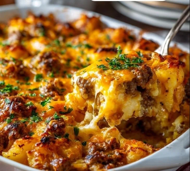 Delicious hamburger potato casserole served in a dish, topped with melted cheese.