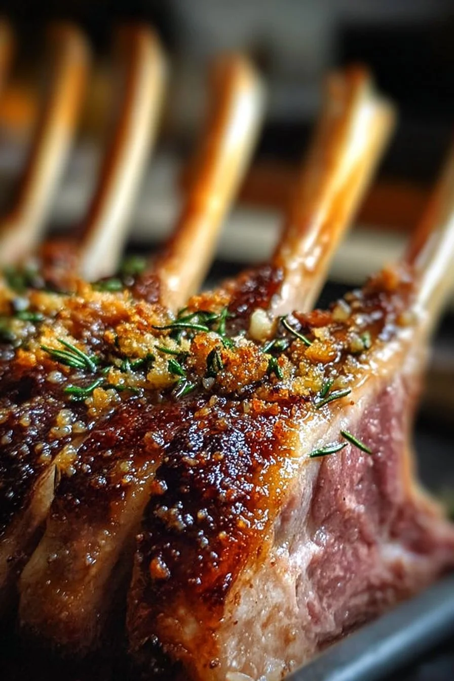 Delicious roasted rack of lamb served on a plate with herbs and vegetables