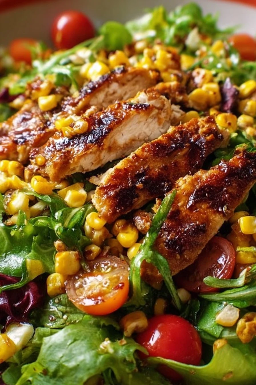 Savory BBQ chicken and corn salad with fresh vegetables