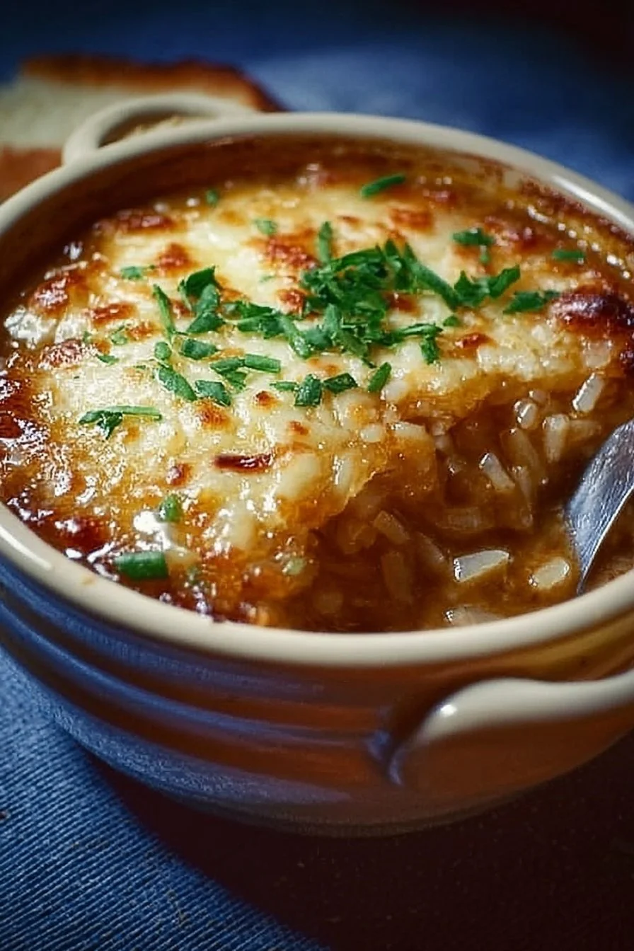 Bowl of Savory French Onion Soup Rice garnished with cheese and herbs