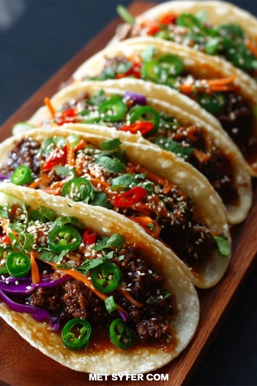 Delicious Korean Beef Tacos topped with fresh ingredients and served on soft tortillas