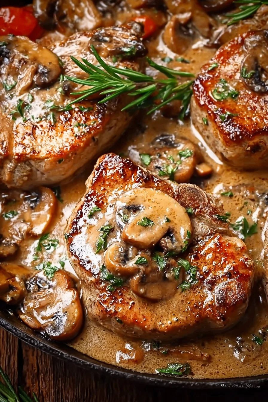 Savory skillet pork chops in mushroom sauce served on a plate