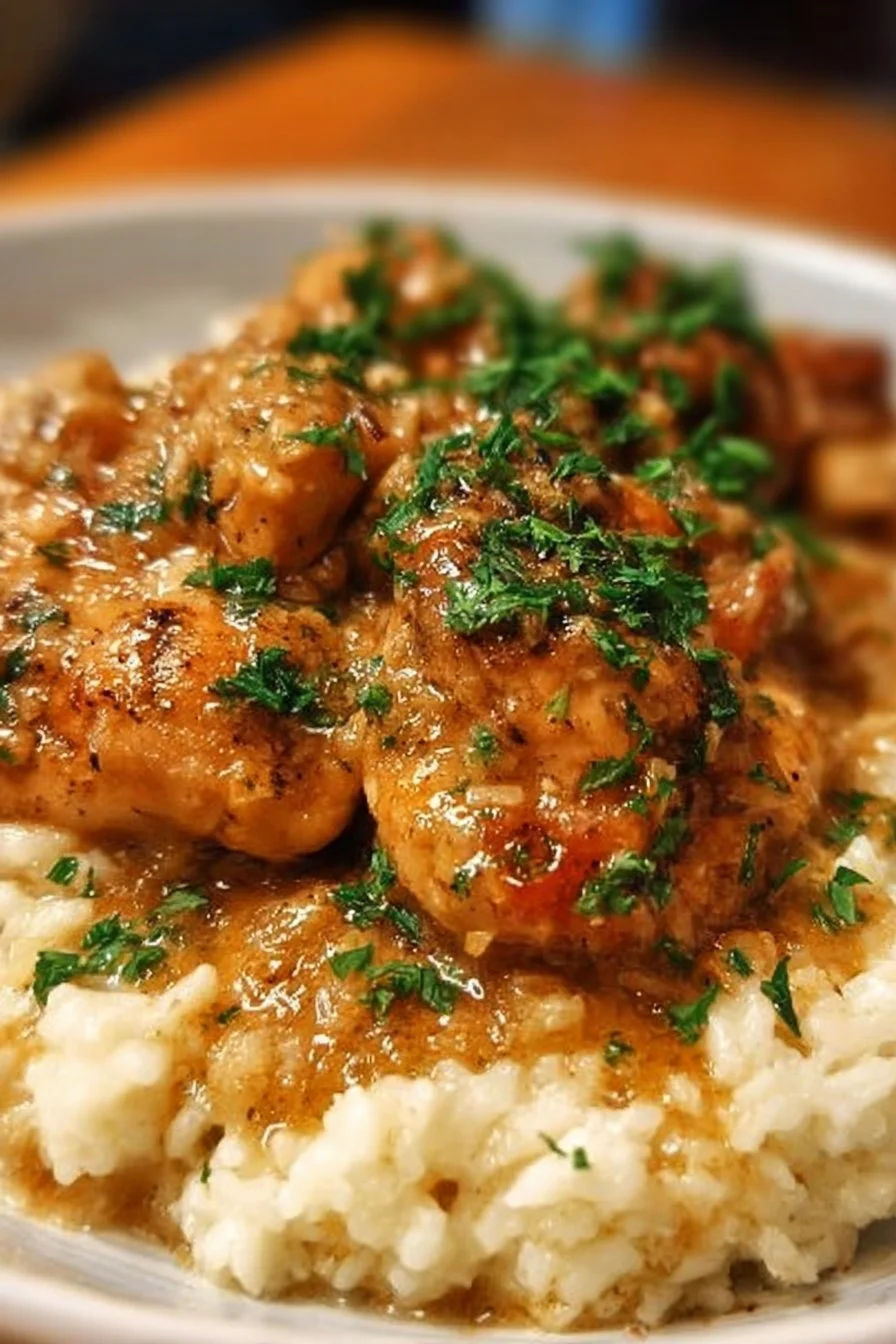Savory Southern-style smothered chicken served over rice with a rich gravy