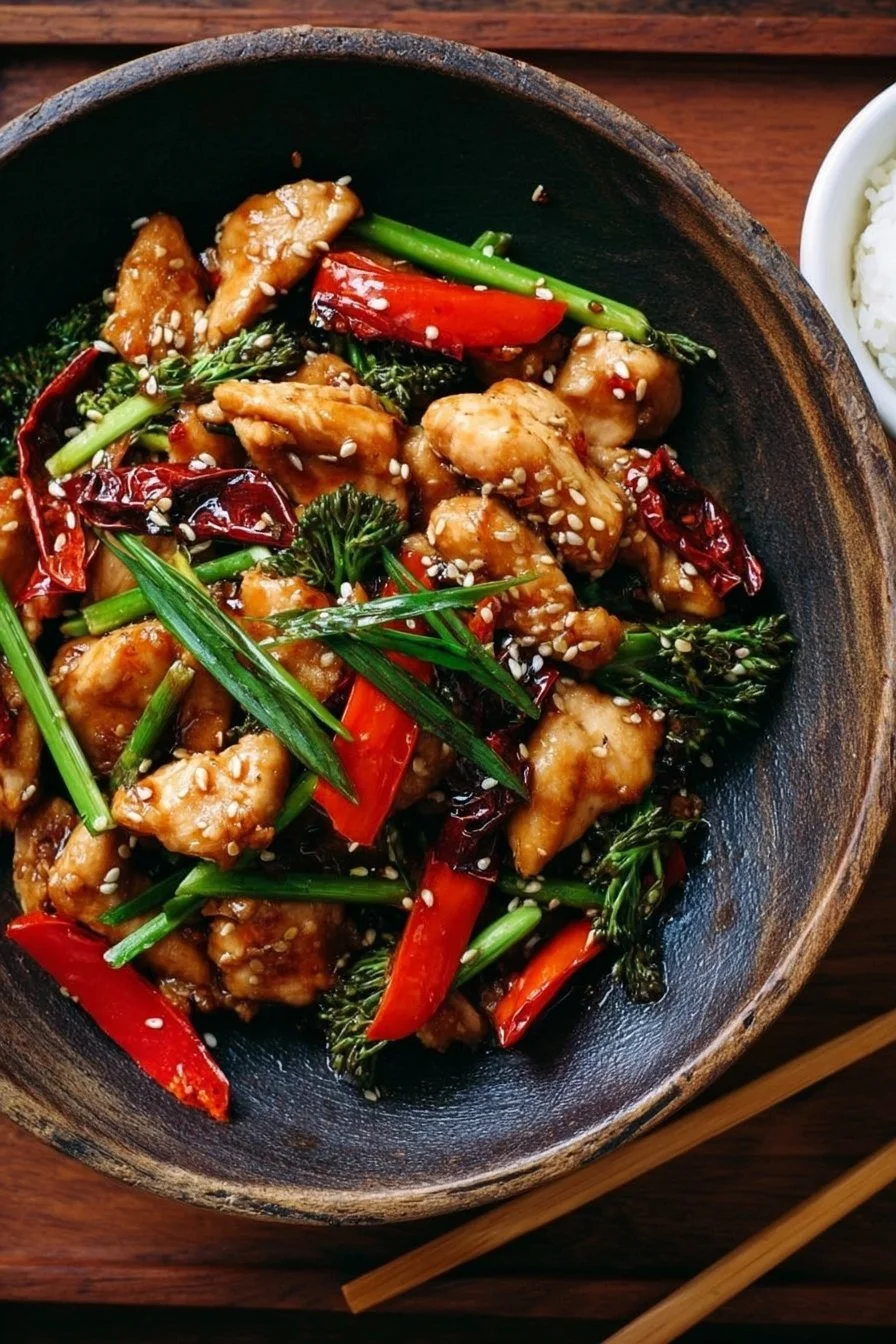 Savory sweet chili garlic chicken stir fry dish served in a bowl