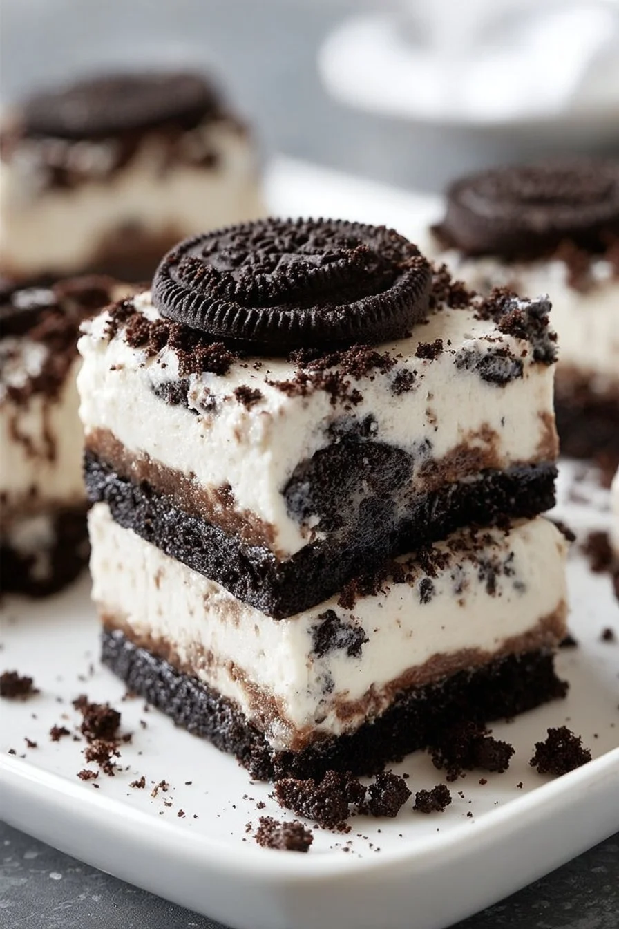 Delicious no-bake Oreo cheesecake bars topped with crushed Oreos