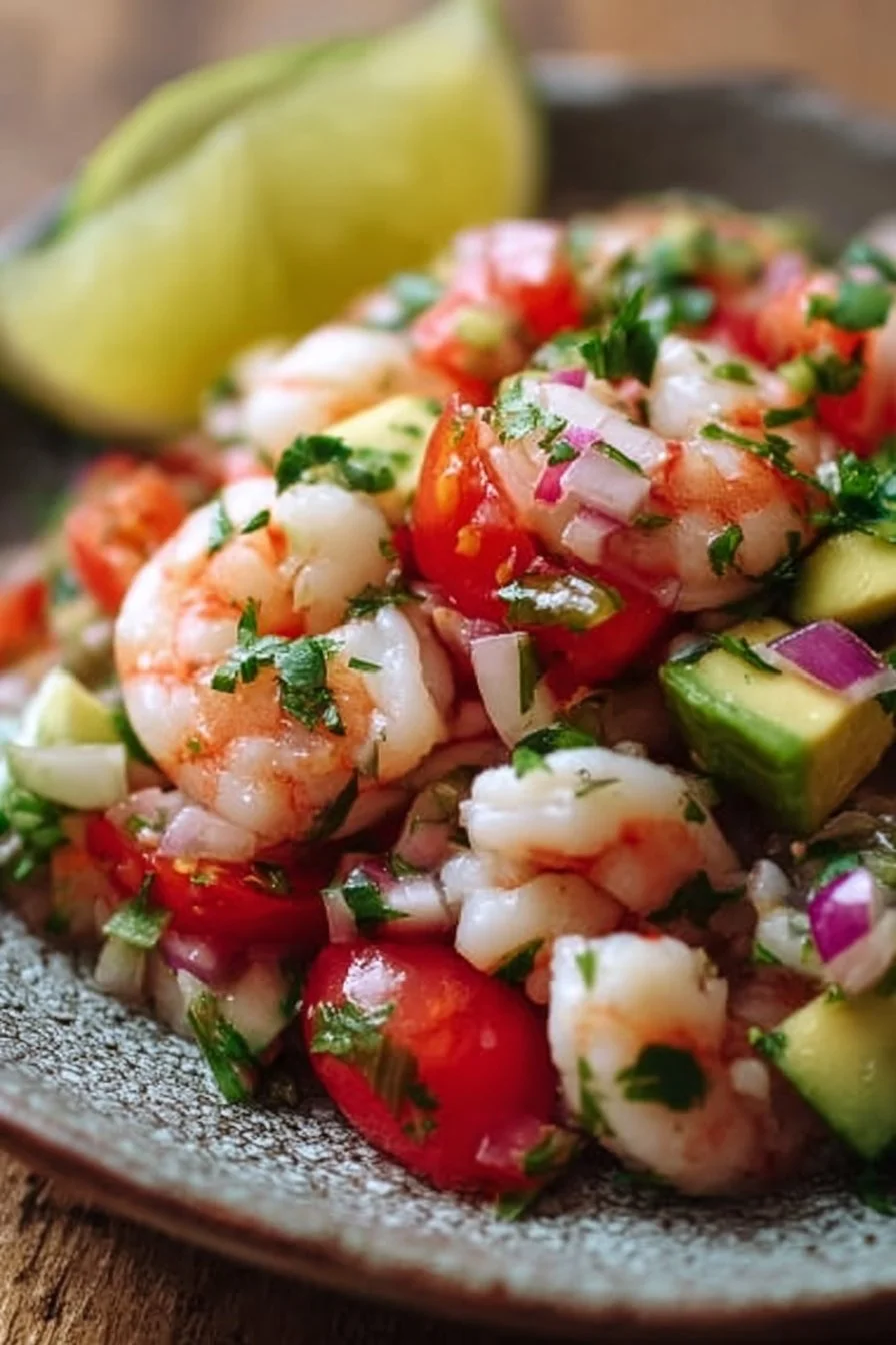 Delicious and vibrant shrimp ceviche in a bowl with fresh ingredients