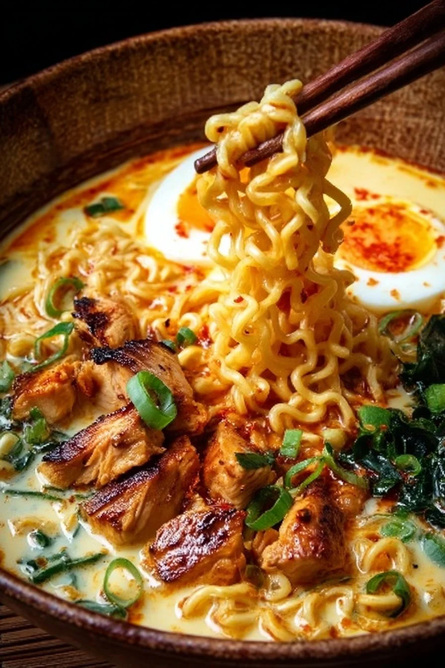 Sizzling Fiery Chicken Ramen served with creamy garlic sauce in a bowl