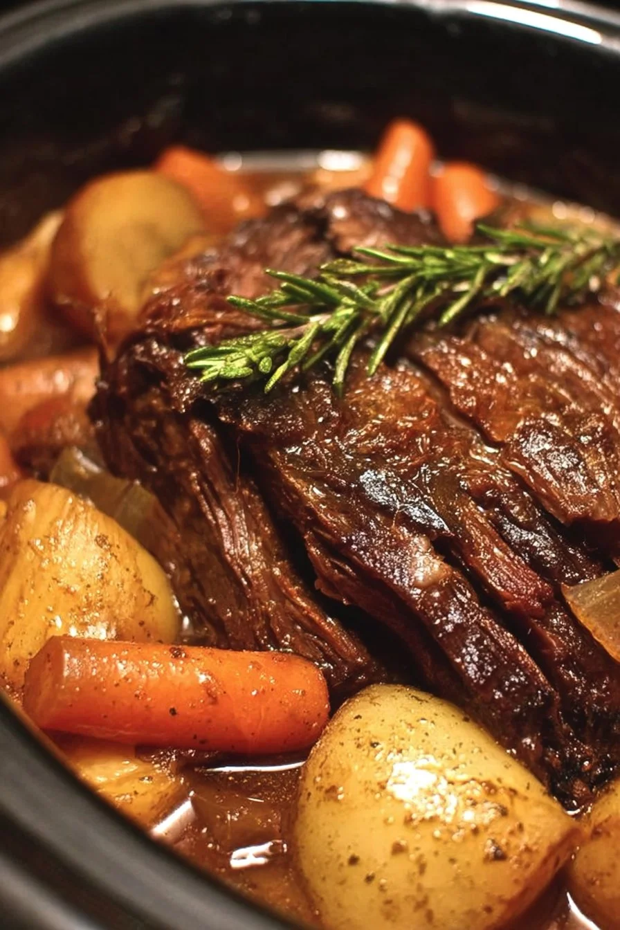 Slow Cooker Three Envelope Pot Roast served with vegetables and gravy