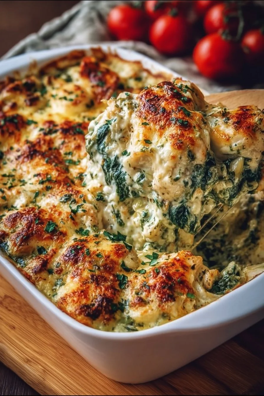 Smoky spinach chicken casserole topped with cream cheese and mozzarella cheese