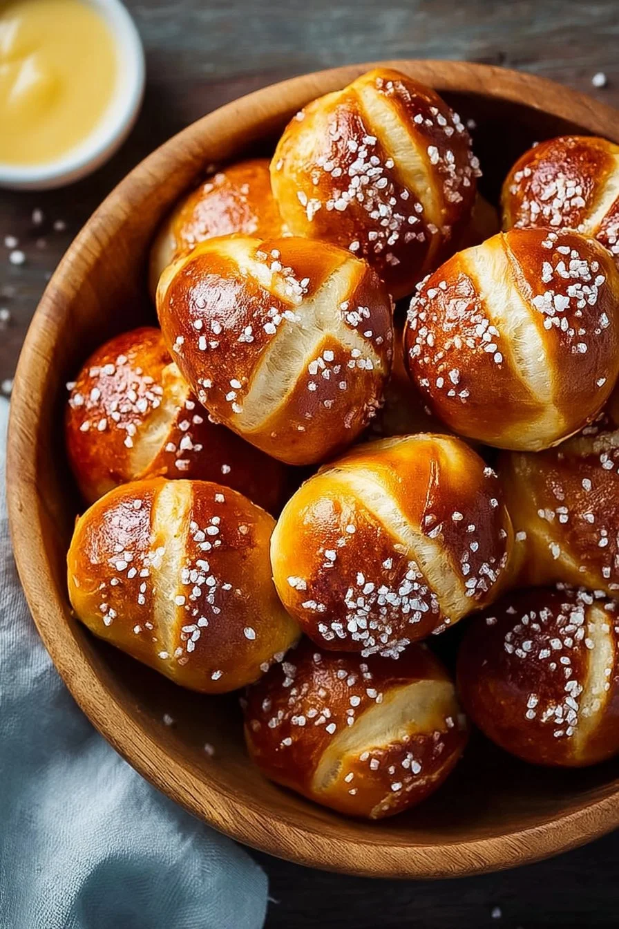 Freshly baked soft pretzel bites served with dipping sauce