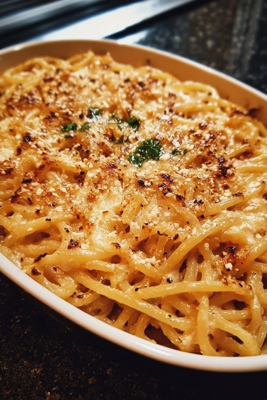 Delicious sour cream noodle bake served in a baking dish