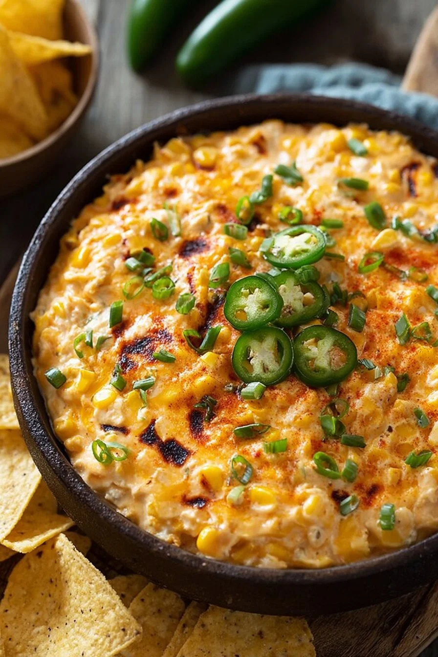 Bowl of delicious Southwest corn dip served with tortilla chips