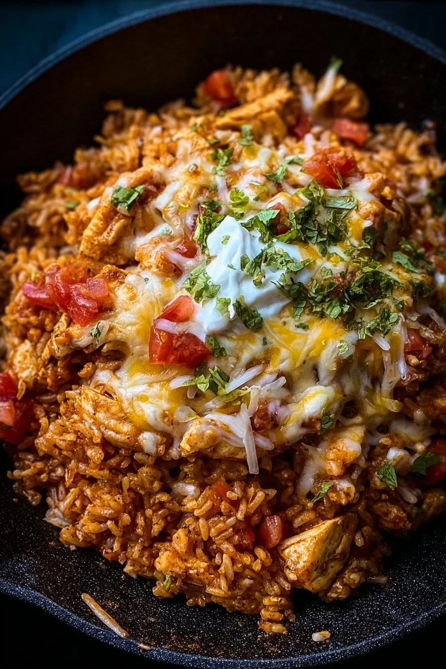 Delicious one pan cheesy taco chicken and rice dish garnished with fresh herbs.