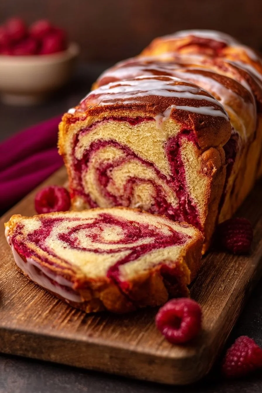 Spicy raspberry swirl brioche loaf, fresh out of the oven with vibrant swirls