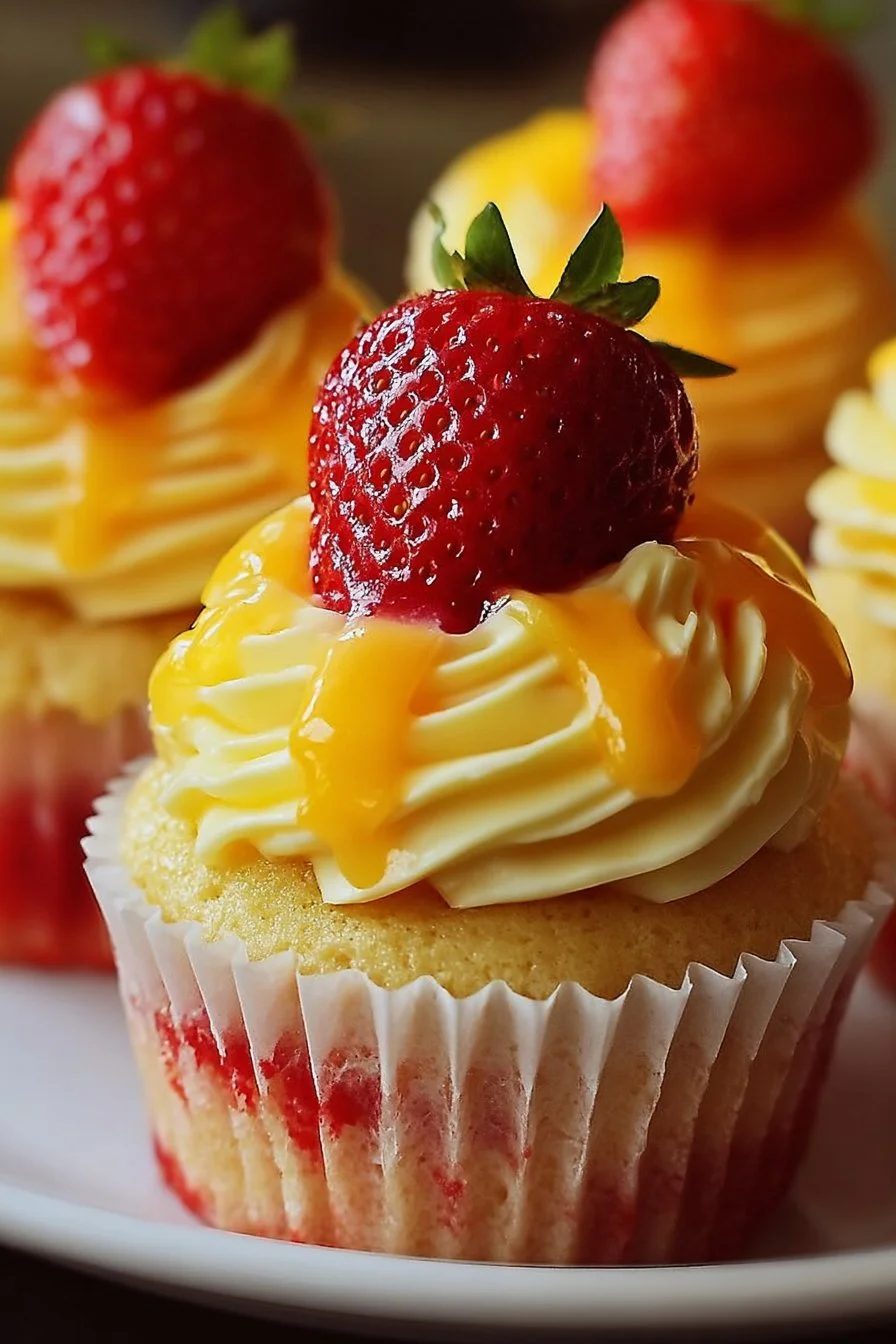 Delicious strawberry mango cupcakes with fresh fruit garnish