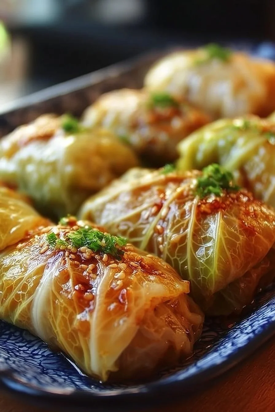 Homemade stuffed cabbage rolls filled with meat and rice, served on a plate.