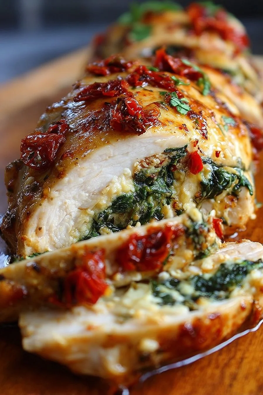Sundried tomato, spinach, and cheese stuffed chicken dish