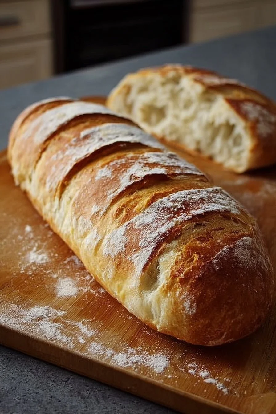 Loaf of super easy sourdough French bread with a crispy crust and soft interior