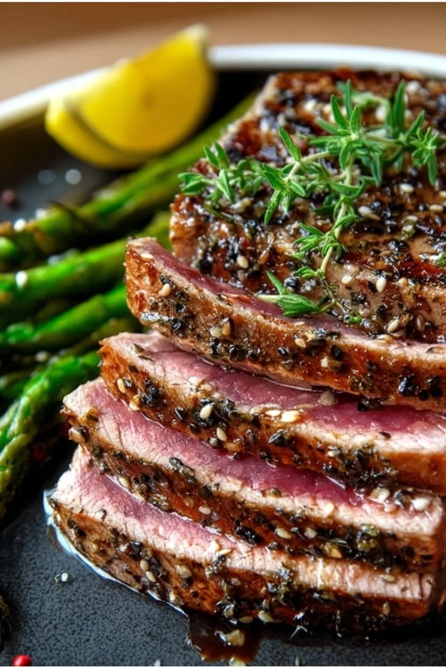 Delicious and easy-to-make tuna steak recipe served with fresh vegetables.