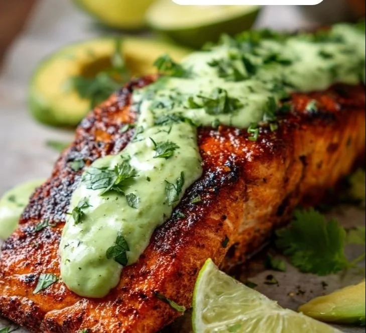 Tangy baked Cajun salmon served with avocado lime sauce on a plate.