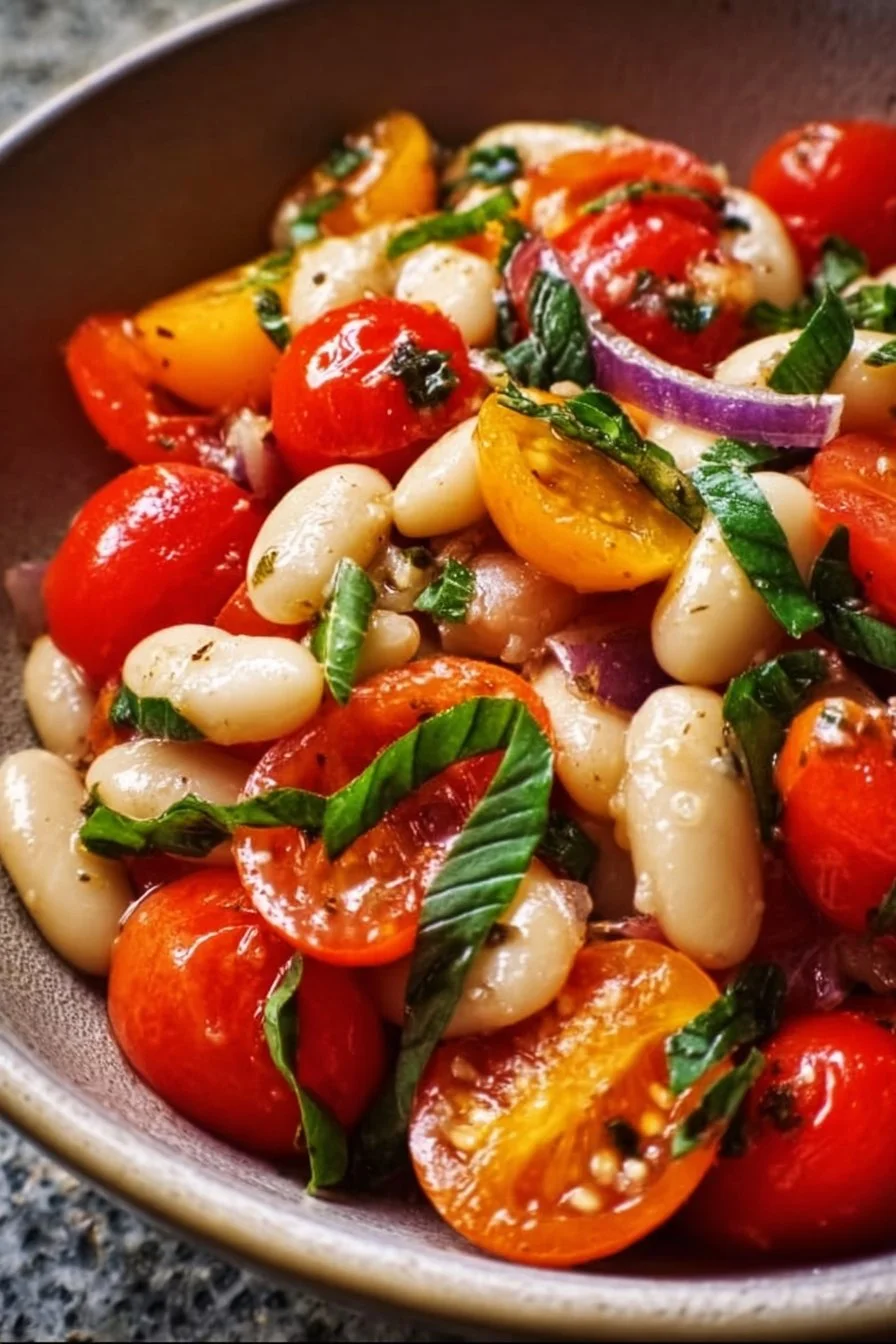 Tangy cherry tomato and white bean salad served in a bowl