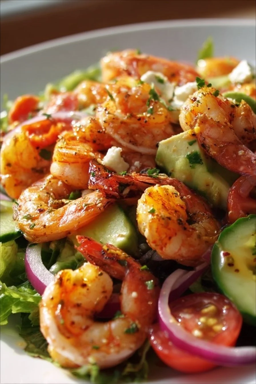 Fresh and vibrant tender shrimp salad with mixed greens and vegetables