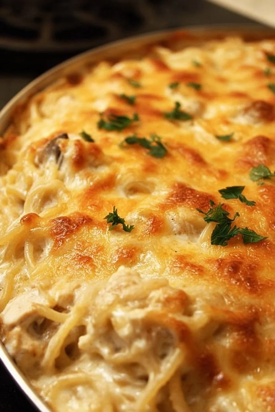 Delicious plate of easy chicken tetrazzini topped with cheese and parsley
