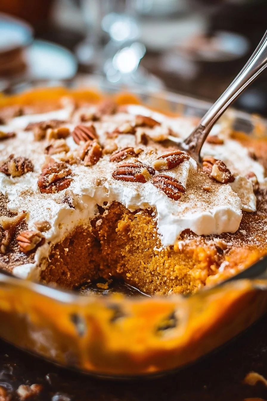 Deliciously baked pumpkin dump cake topped with whipped cream and spices.