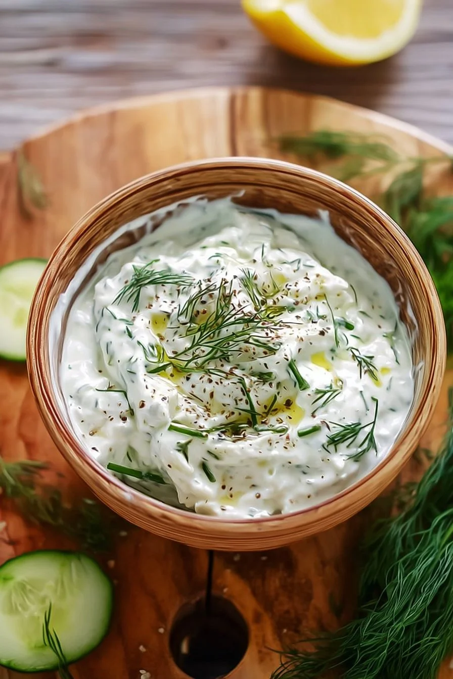 Homemade Tzatziki Sauce served in a bowl with fresh cucumber and herbs