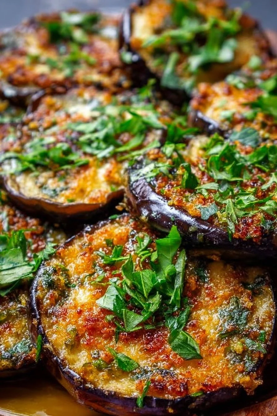 Crispy baked eggplant dish served on a plate with herbs and spices