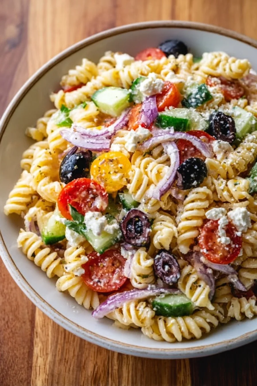 Zesty Ashley Mac's Greek Pasta Salad with olives, feta, and colorful vegetables